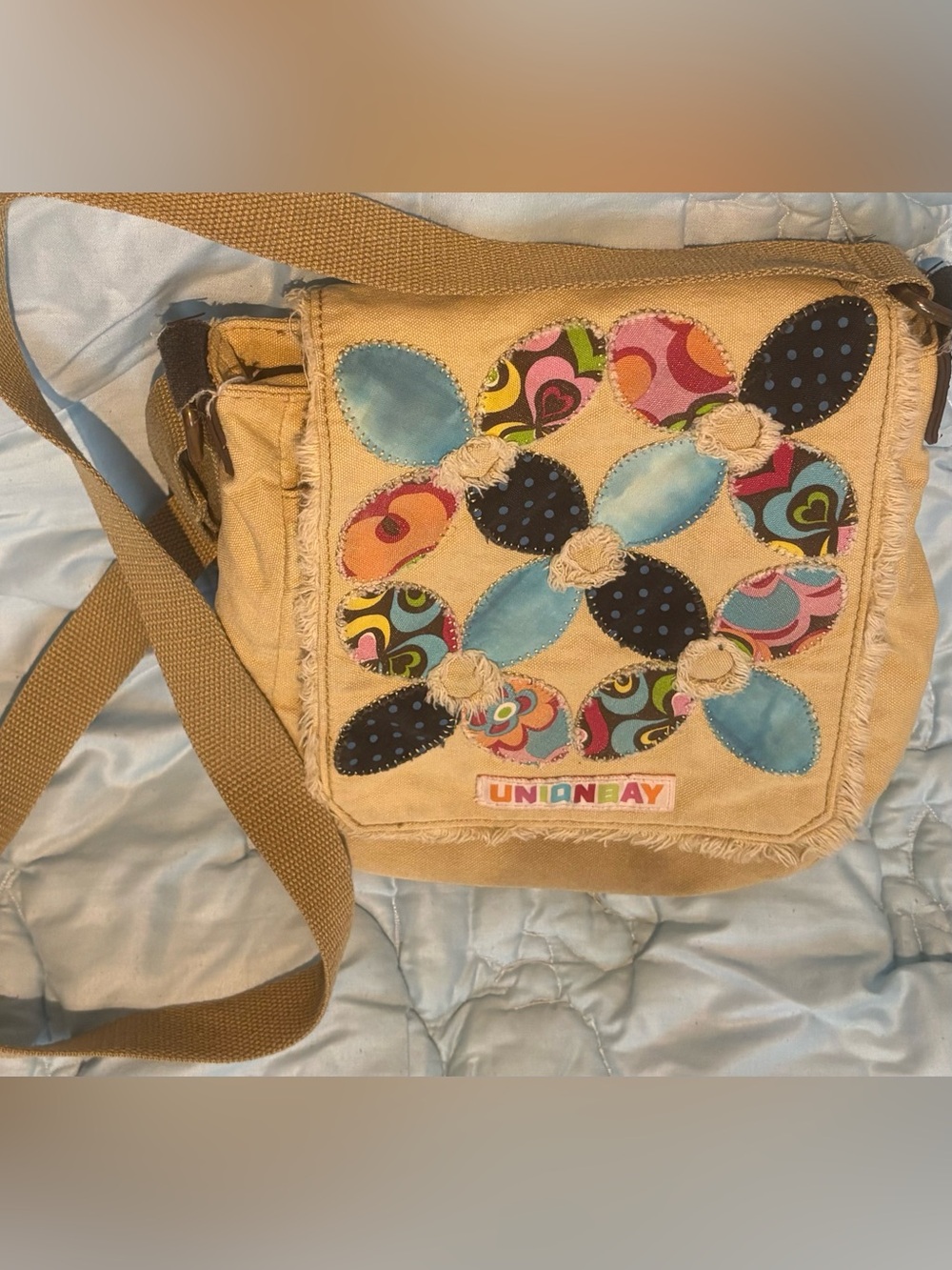 UNIONBAY Beige Canvas Crossbody with Multicolor Appliqué